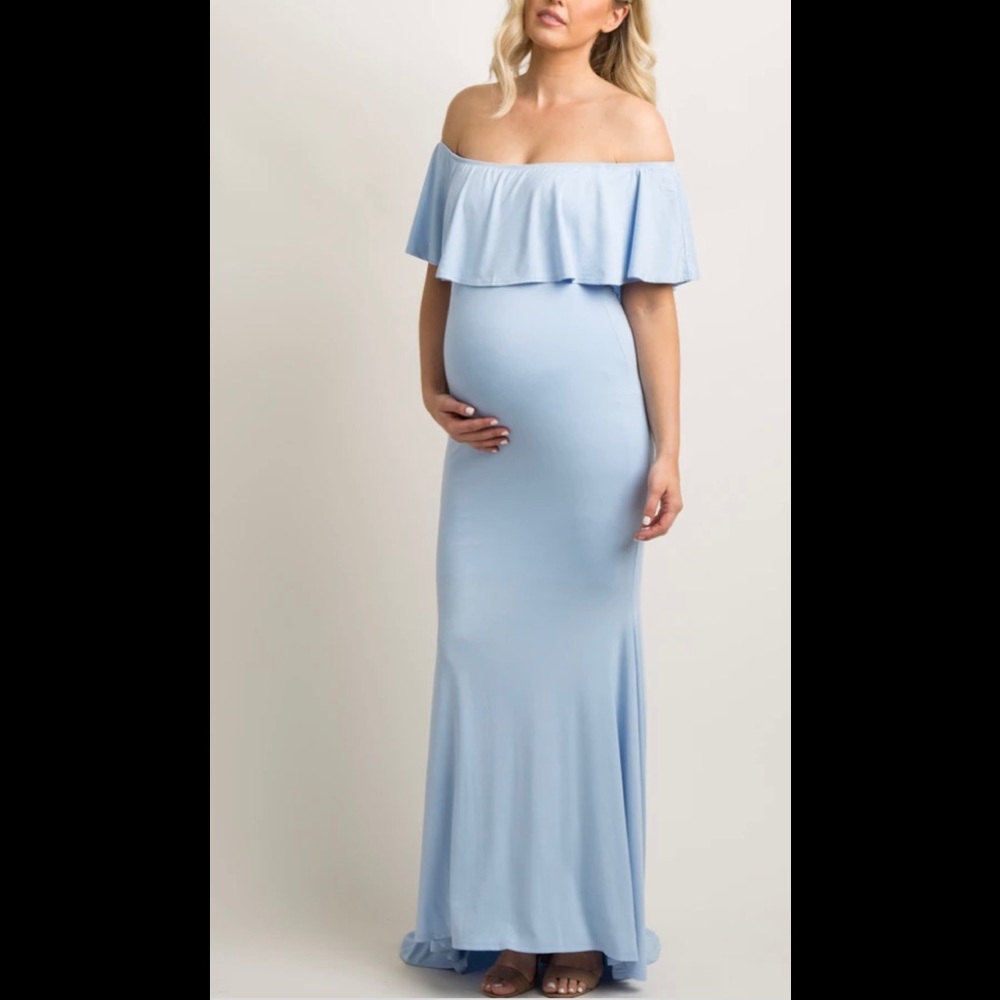 Pink Blush Off the Shoulder Light Blue Maxi